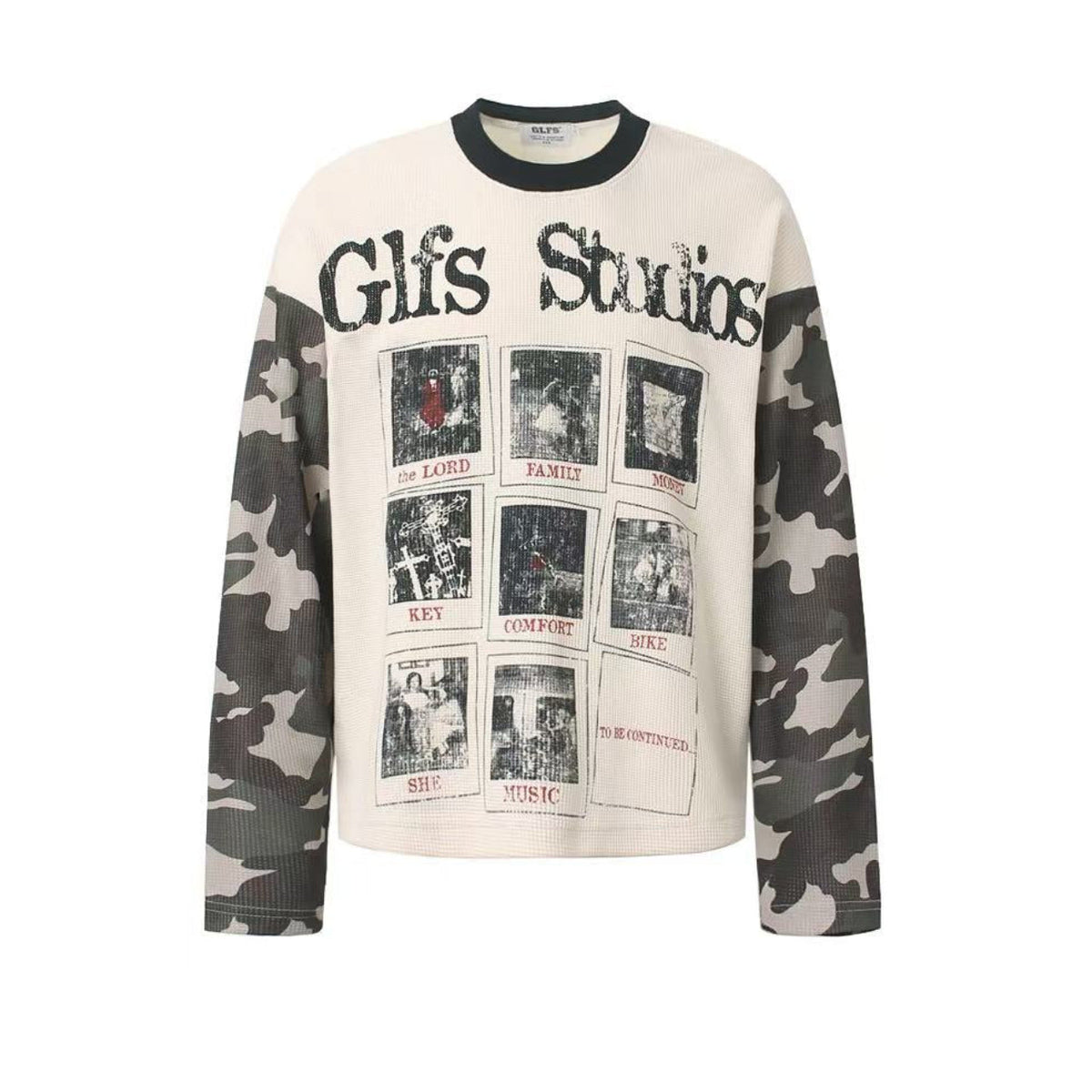 Camo Spliced Vintage Print Waffle Knit Long Sleeve