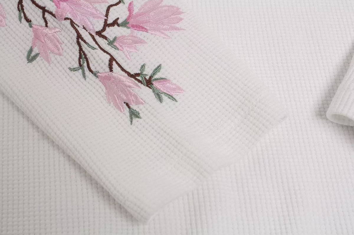 Floral Embroidery Print Waffle Knit Long Sleeve