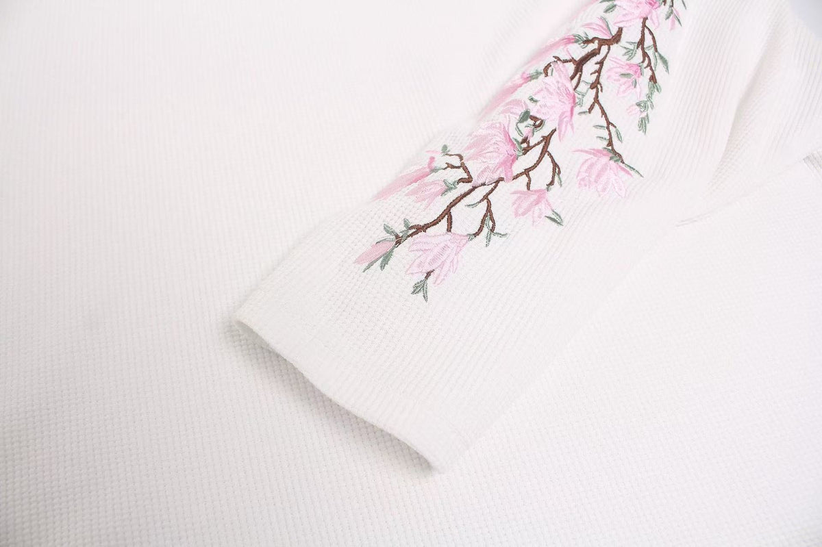 Floral Embroidery Print Waffle Knit Long Sleeve