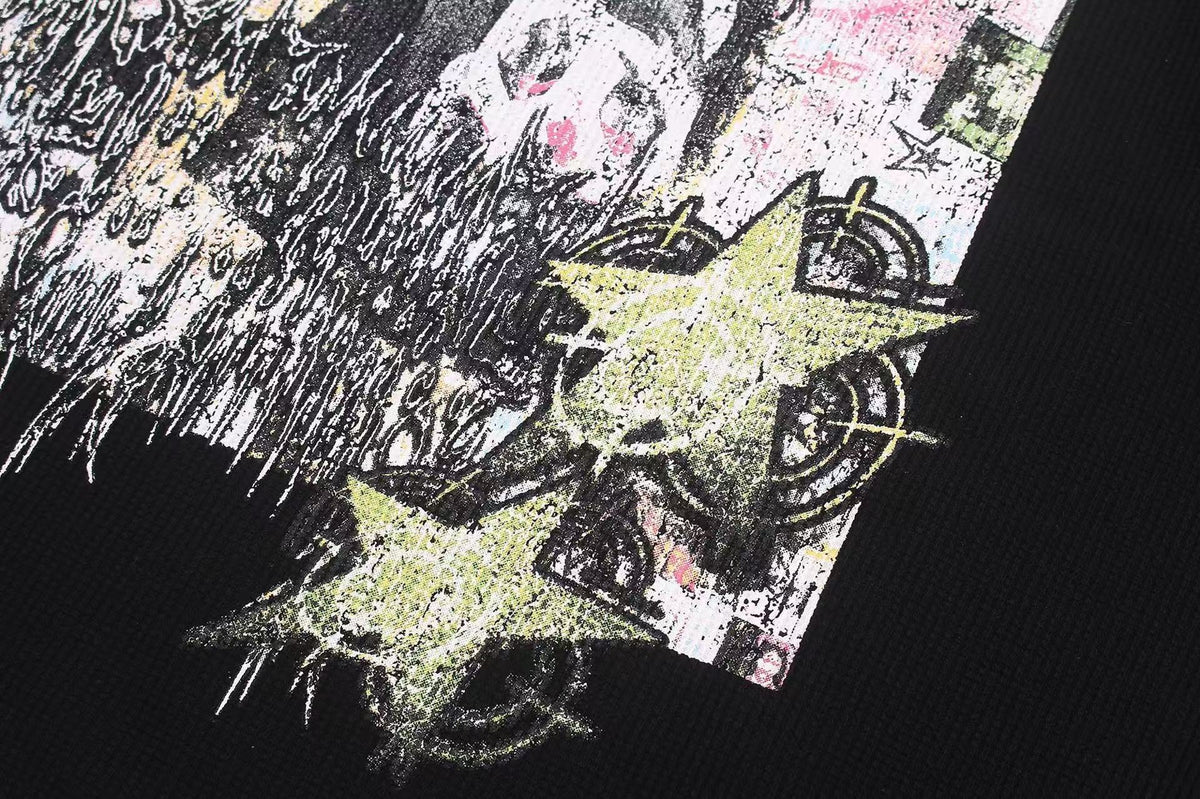 Studded Grunge Collage Portrait Print Waffle Knit Long Sleeve