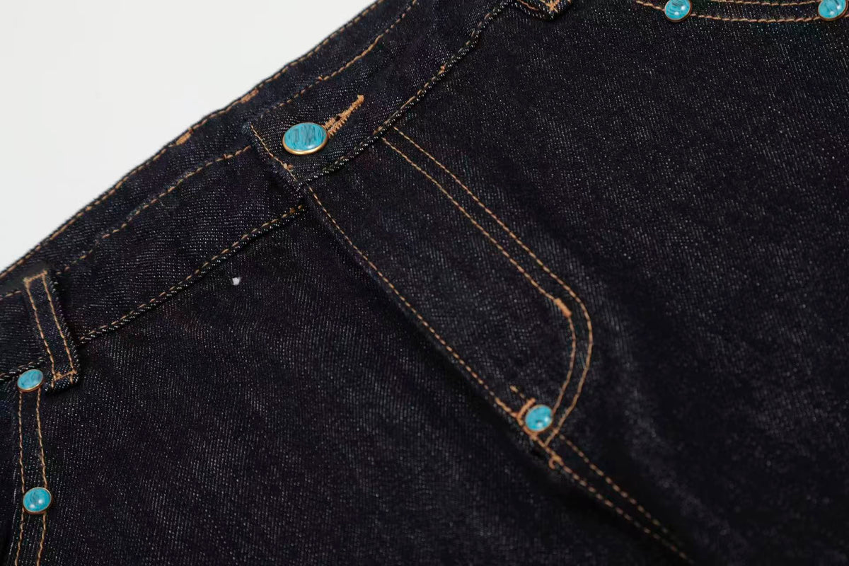 Turquoise-Stud Wide-Leg Baggy Jeans
