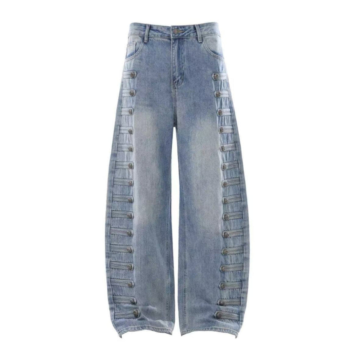 Light-Wash Side Multi-Strap Baggy Jeans