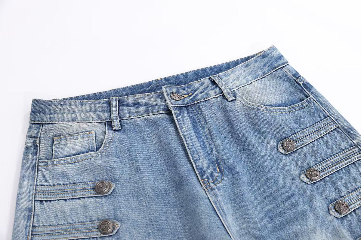 Light-Wash Side Multi-Strap Baggy Jeans
