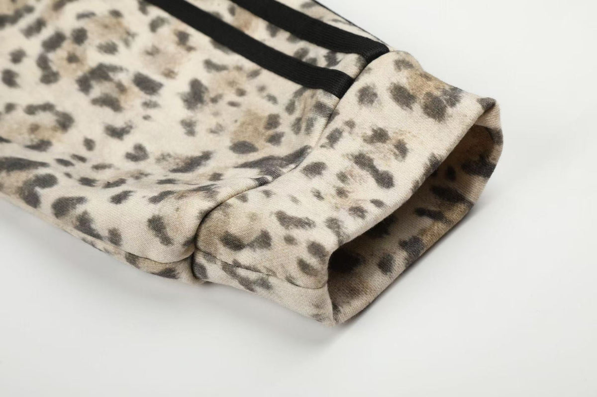 Leopard Print 3-Striped Zip-Up Hoodie