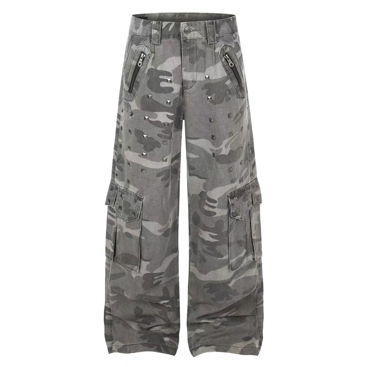 Studded Camo Wide-Leg Cargo Pants