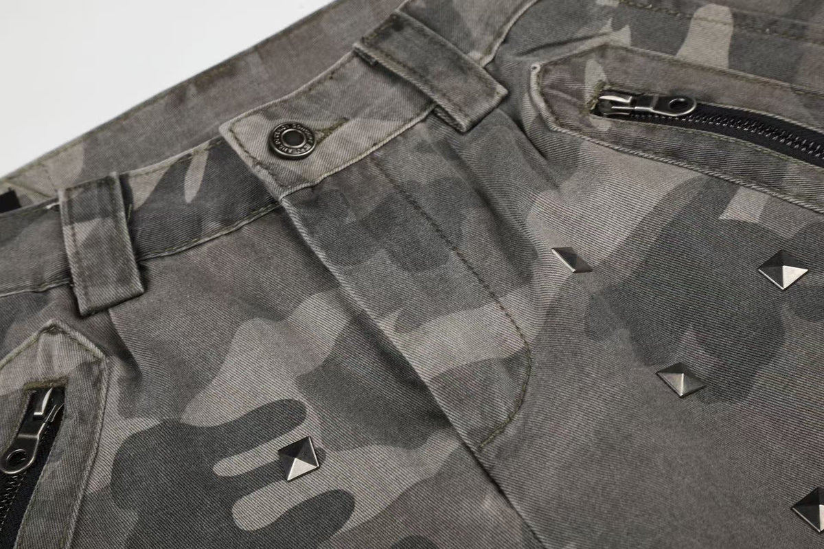 Studded Camo Wide-Leg Cargo Pants