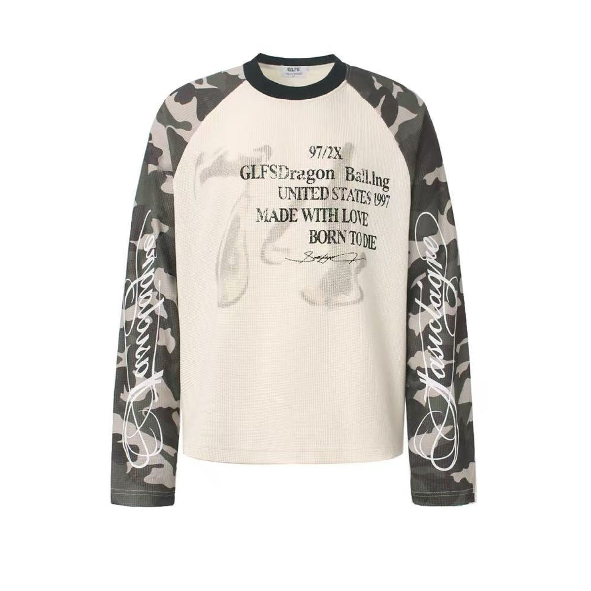 Camo Raglan Sleeve Vintage Script Print Waffle Knit Long Sleeve