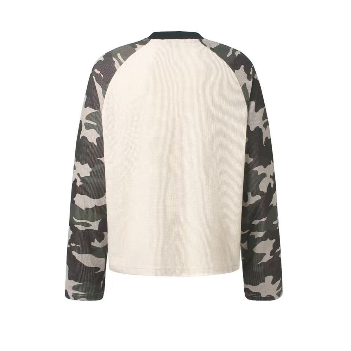 Camo Raglan Sleeve Vintage Script Print Waffle Knit Long Sleeve