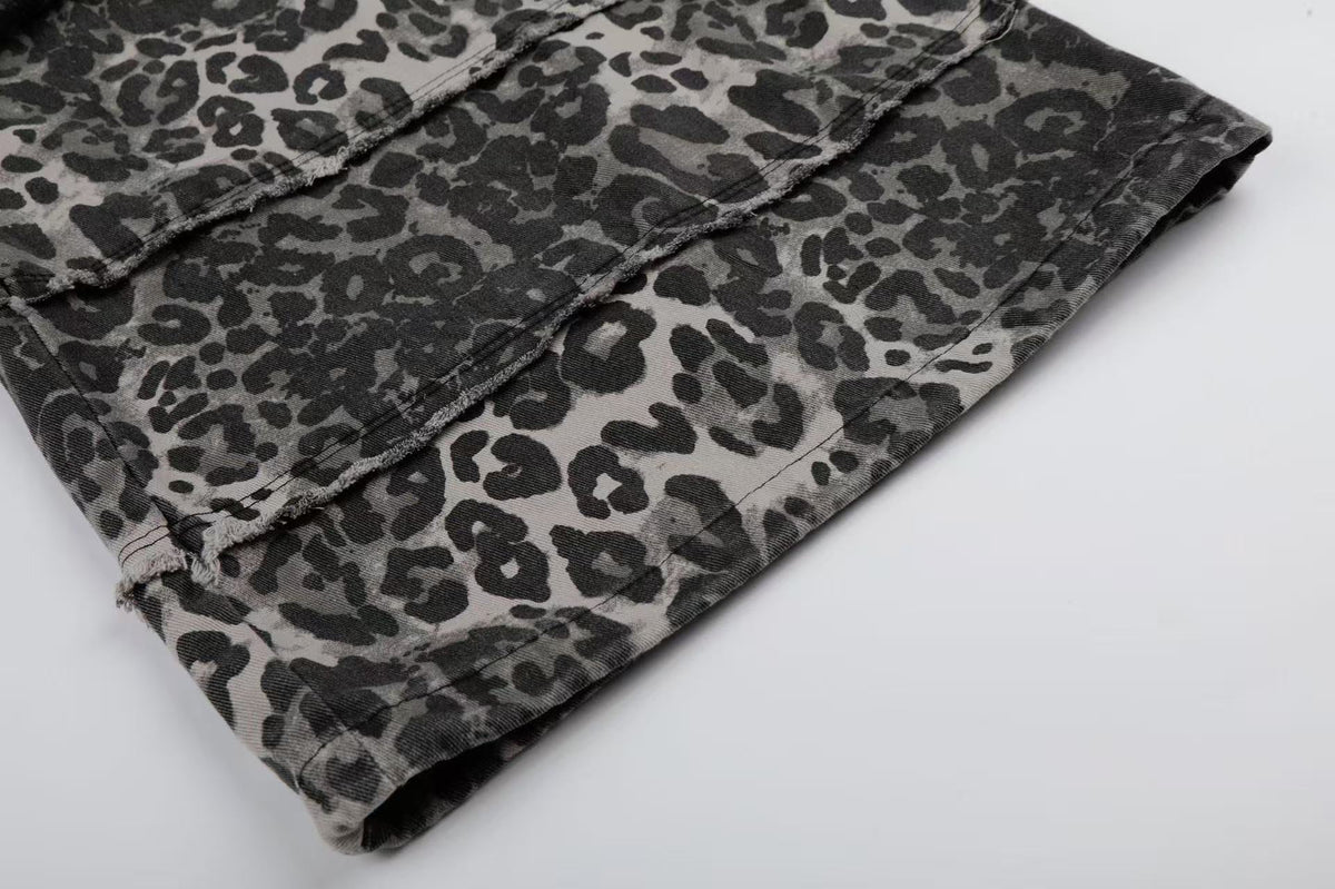 Leopard Print Skull 23 Raw Edge Wide-Leg Pants