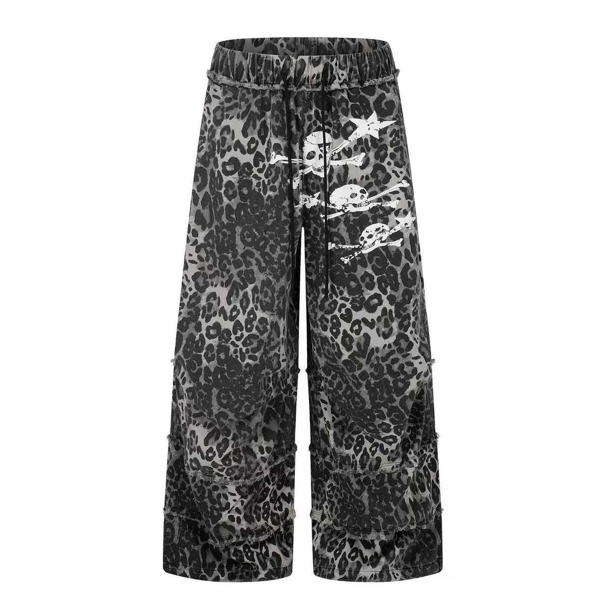 Leopard Print Skull 23 Raw Edge Wide-Leg Pants