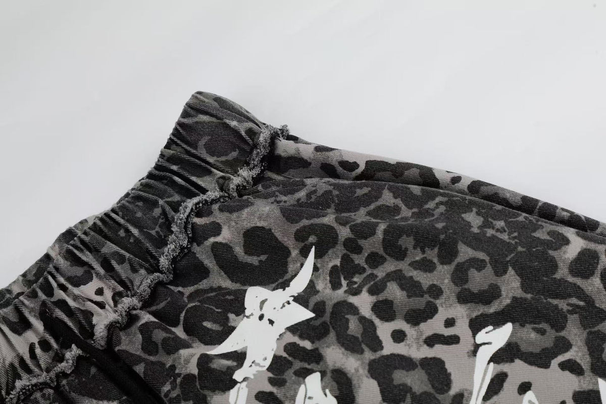 Leopard Print Skull 23 Raw Edge Wide-Leg Pants