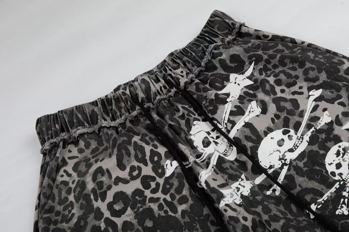 Leopard Print Skull 23 Raw Edge Wide-Leg Pants