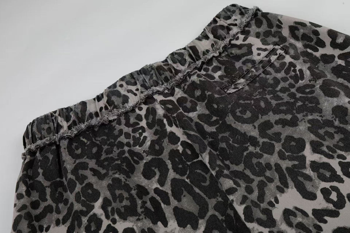 Leopard Print Skull 23 Raw Edge Wide-Leg Pants