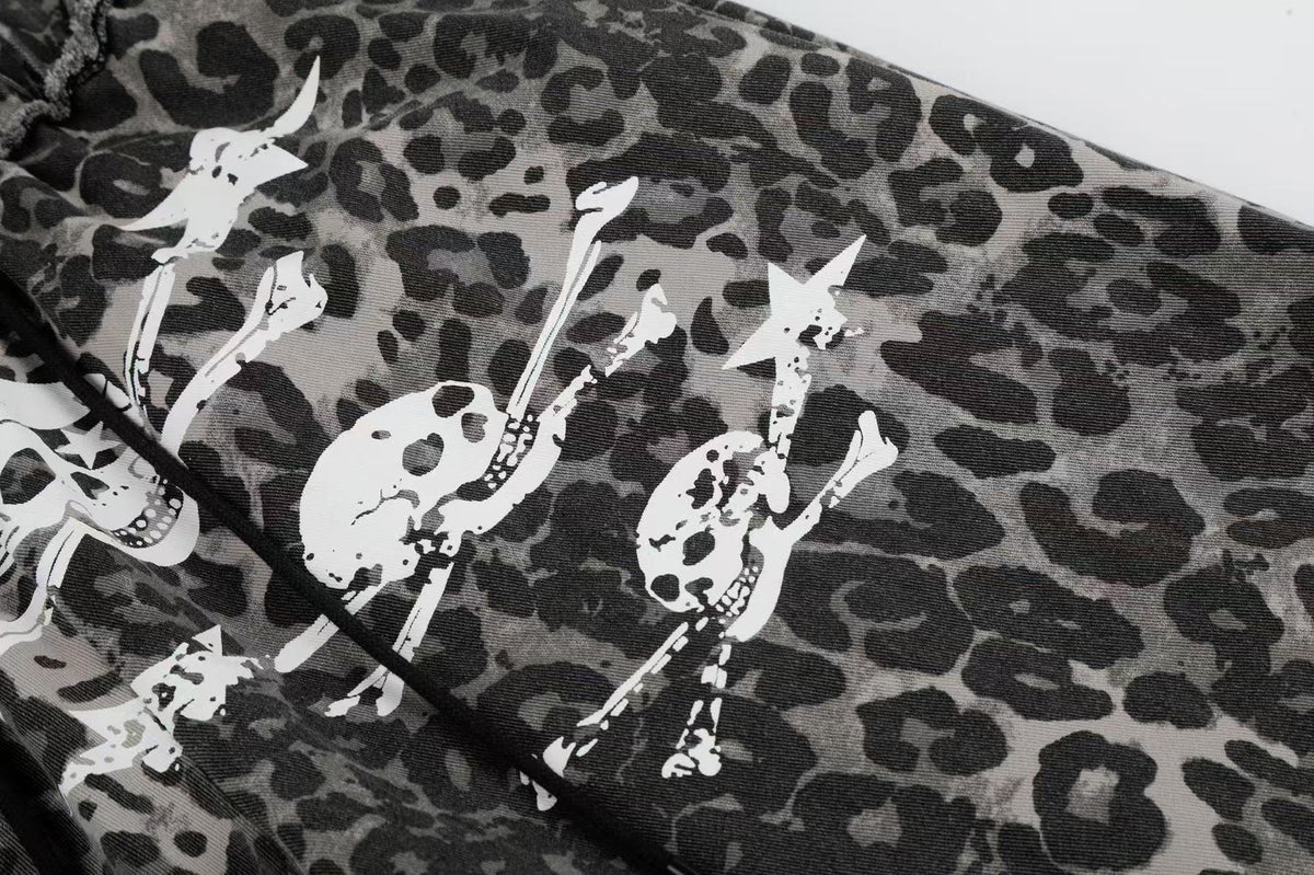 Leopard Print Skull 23 Raw Edge Wide-Leg Pants
