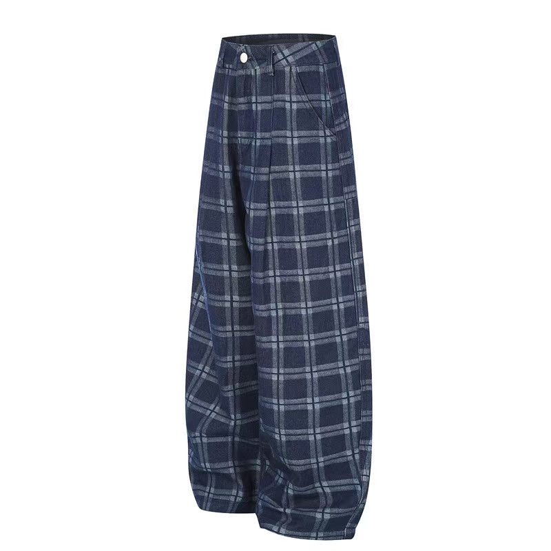Vintage Blue Plaid Wide-Leg Cargo Pants