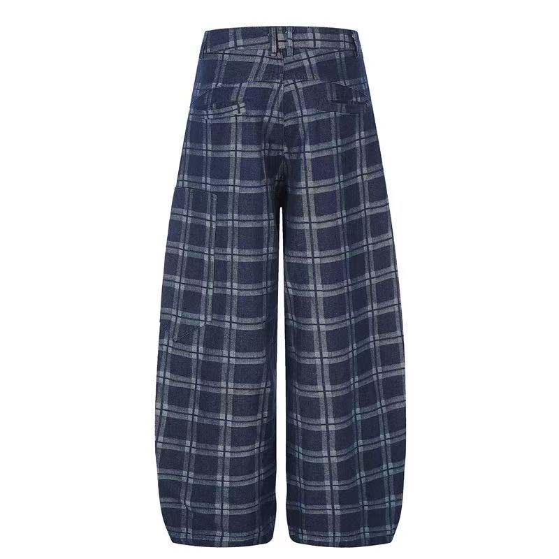 Vintage Blue Plaid Wide-Leg Cargo Pants