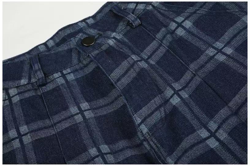 Vintage Blue Plaid Wide-Leg Cargo Pants