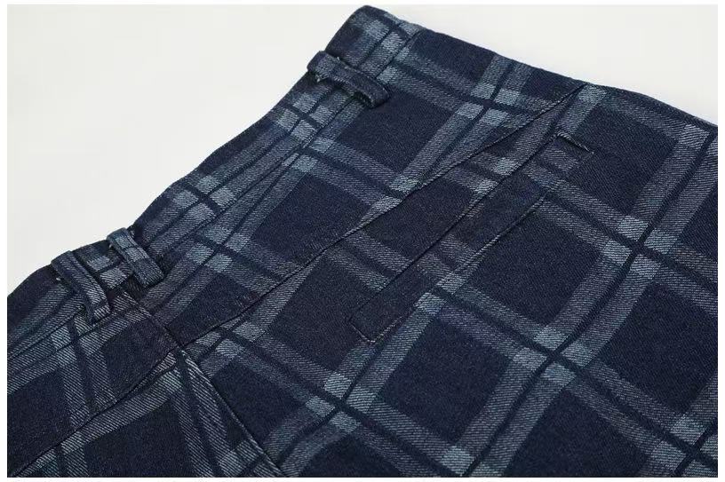Vintage Blue Plaid Wide-Leg Cargo Pants