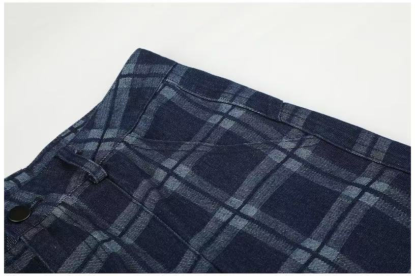 Vintage Blue Plaid Wide-Leg Cargo Pants