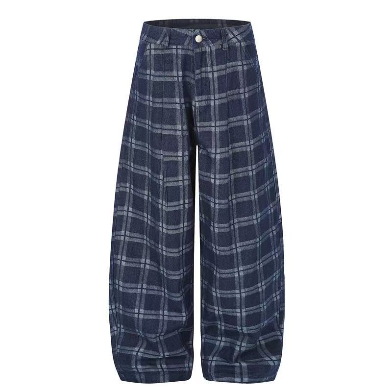 Vintage Blue Plaid Wide-Leg Cargo Pants