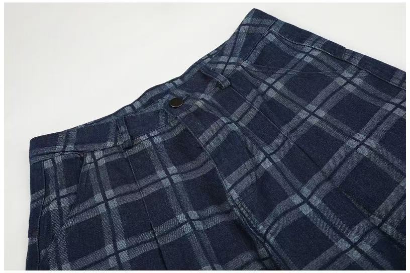 Vintage Blue Plaid Wide-Leg Cargo Pants