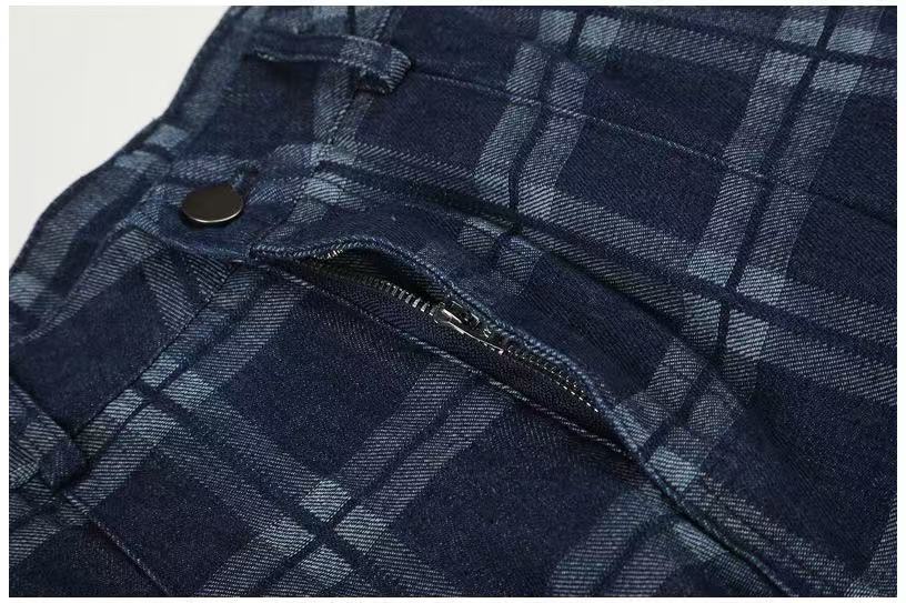 Vintage Blue Plaid Wide-Leg Cargo Pants