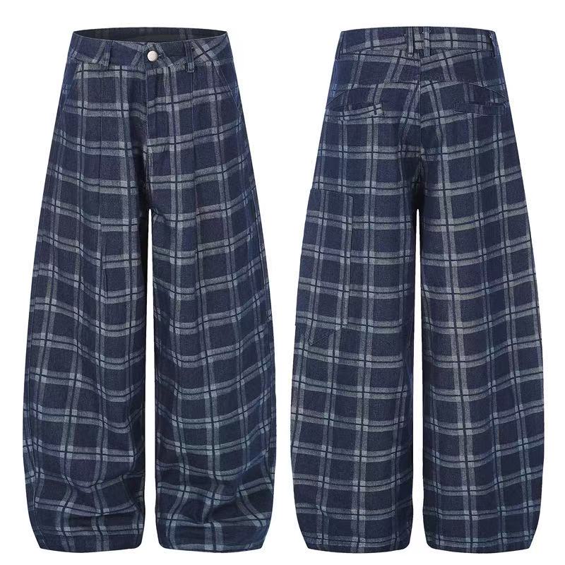 Vintage Blue Plaid Wide-Leg Cargo Pants