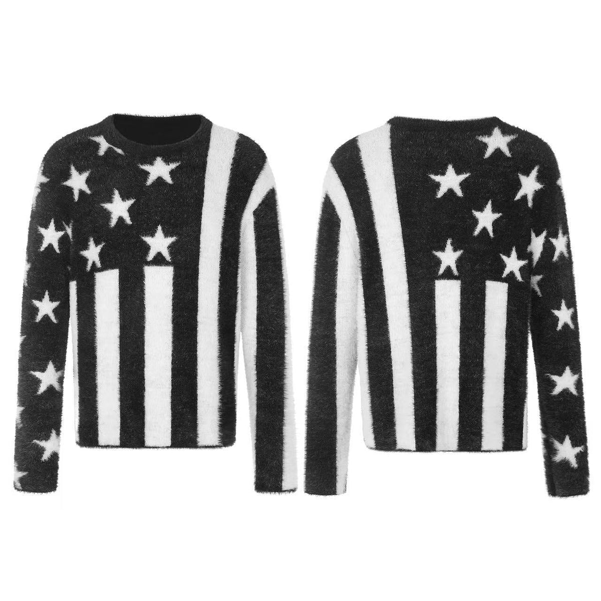 Black White Star & Striper Fuzzy Knit Sweater