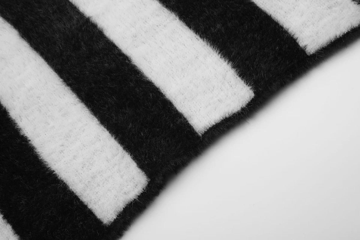 Black White Star & Striper Fuzzy Knit Sweater