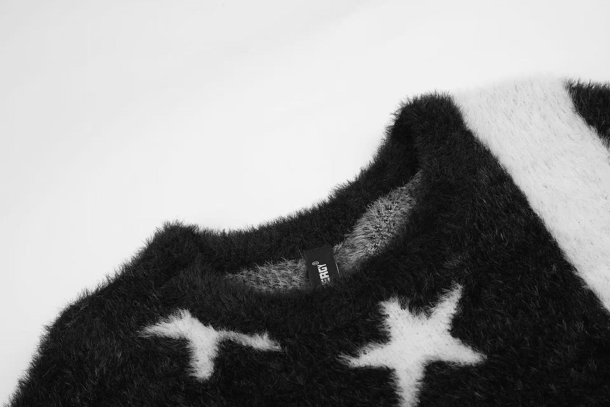 Black White Star & Striper Fuzzy Knit Sweater