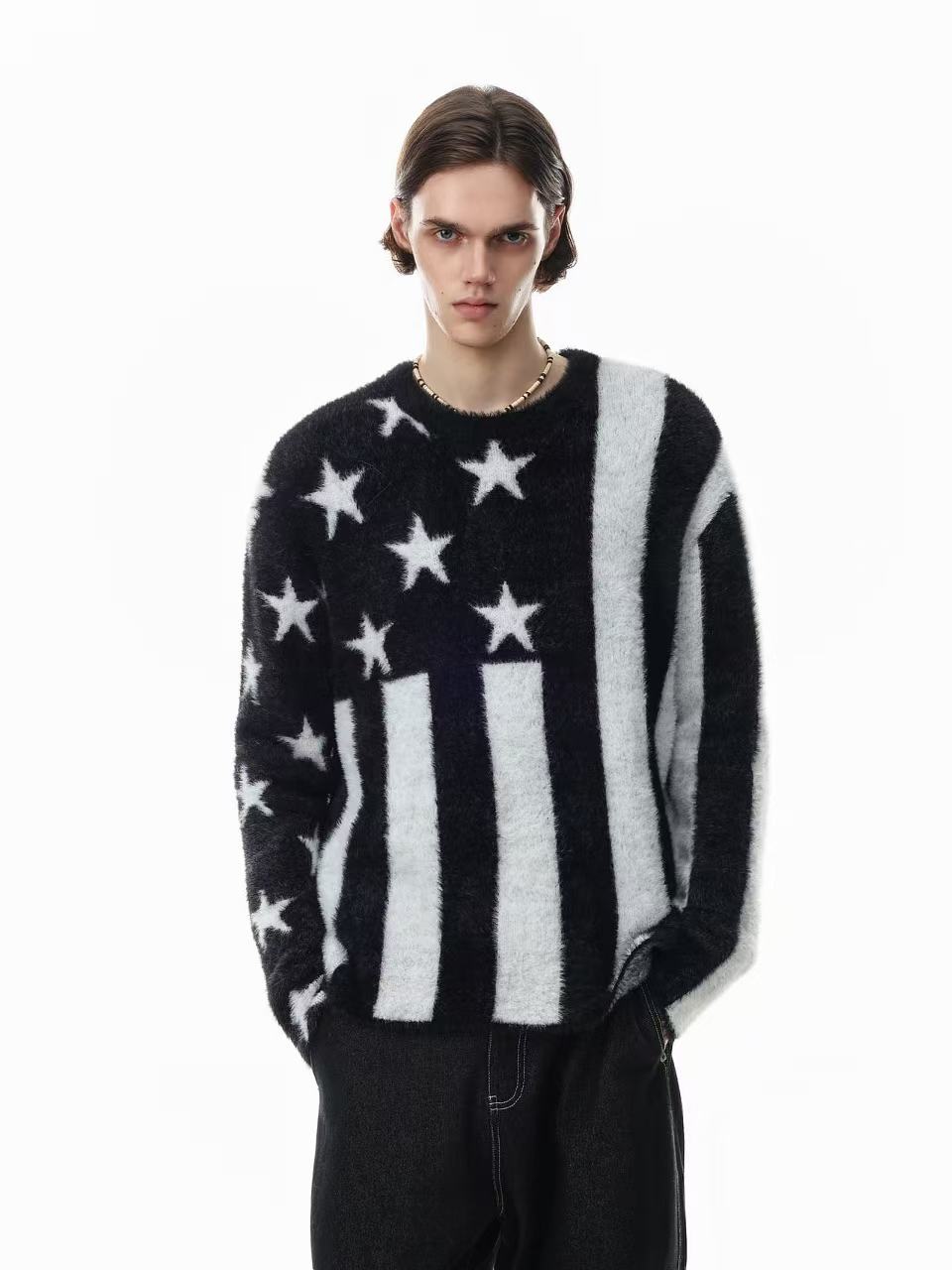 Black White Star & Striper Fuzzy Knit Sweater