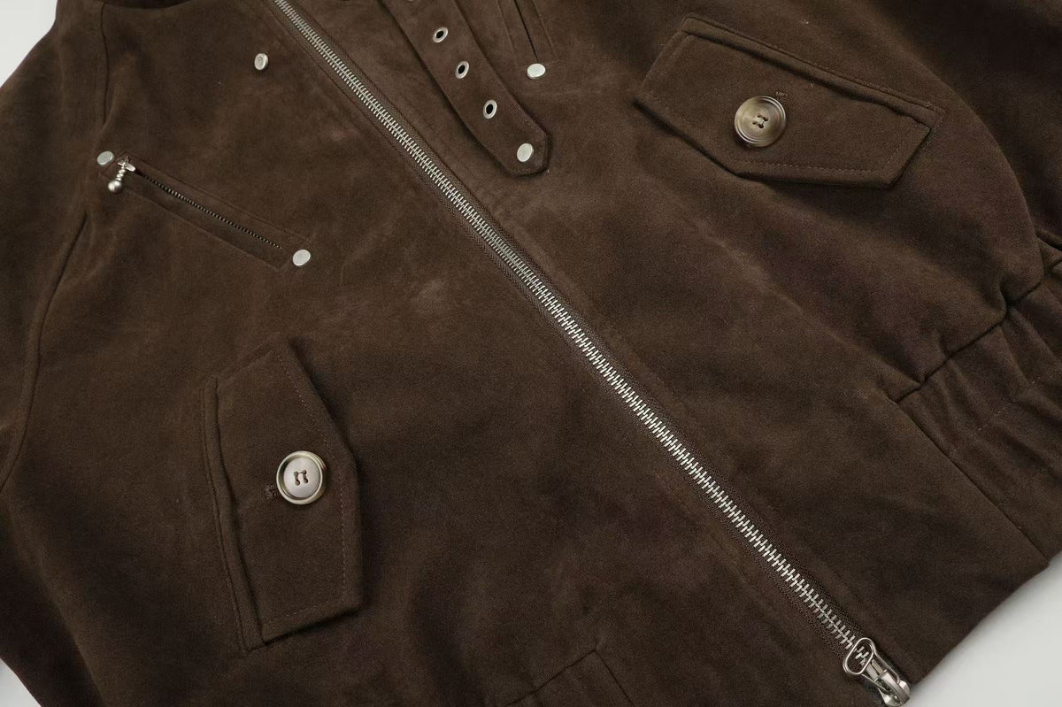 Vintage Studded Faux Suede Cropped Bomber jacket
