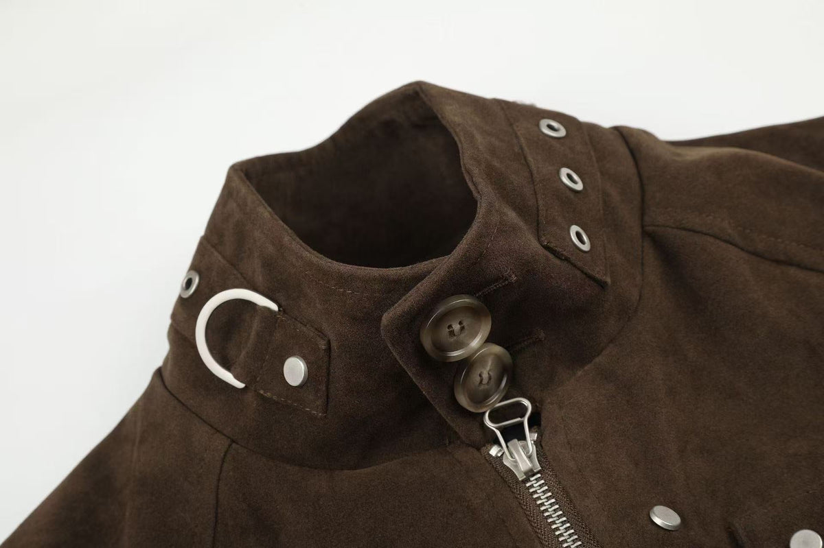 Vintage Studded Faux Suede Cropped Bomber jacket