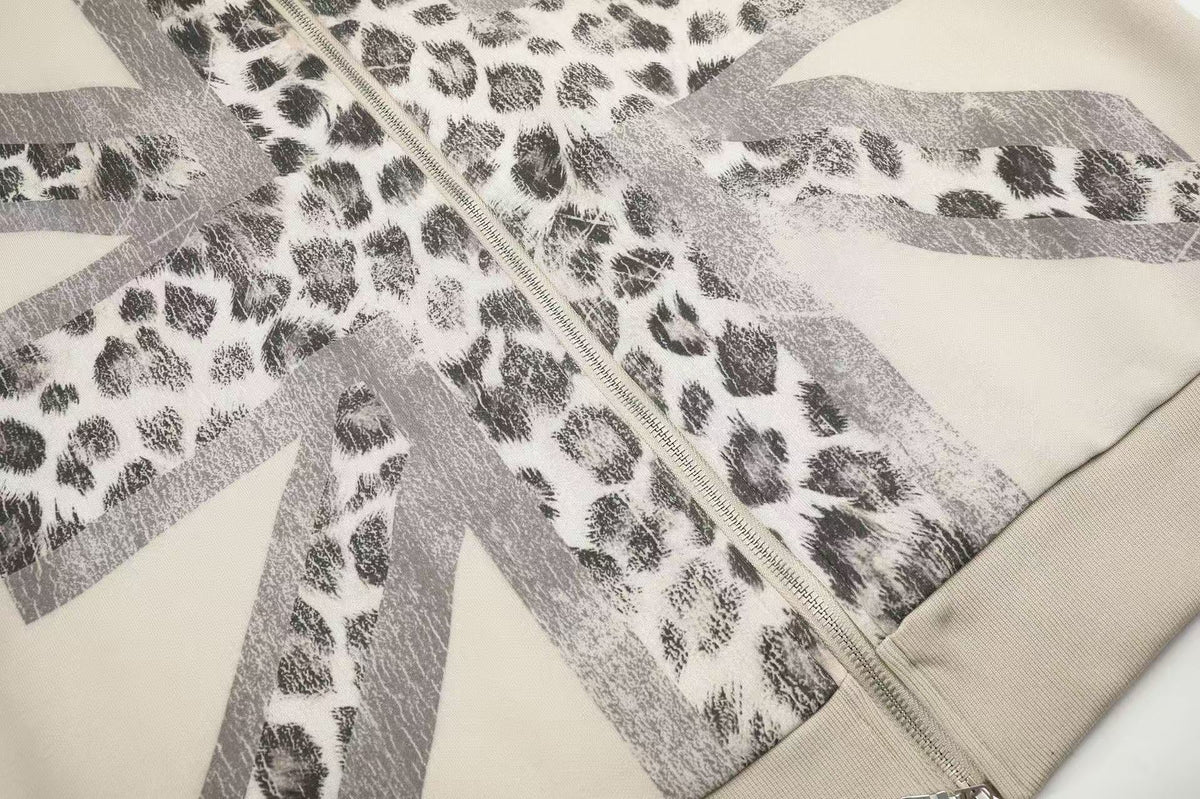 Cross Leopard Print Zip-Up Track Jacket