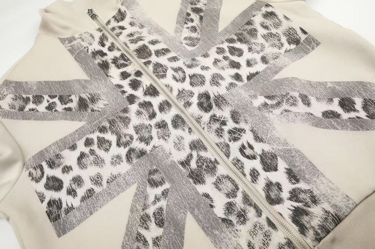 Cross Leopard Print Zip-Up Track Jacket
