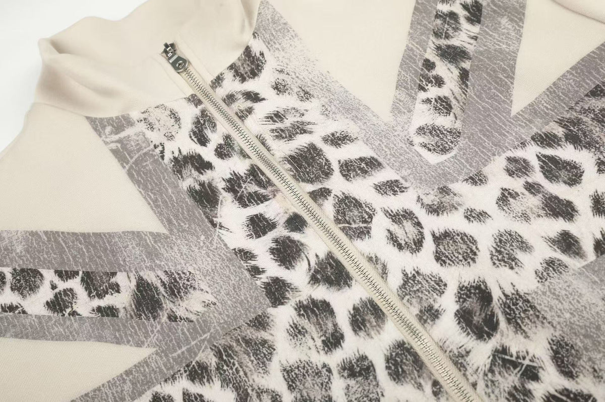 Cross Leopard Print Zip-Up Track Jacket