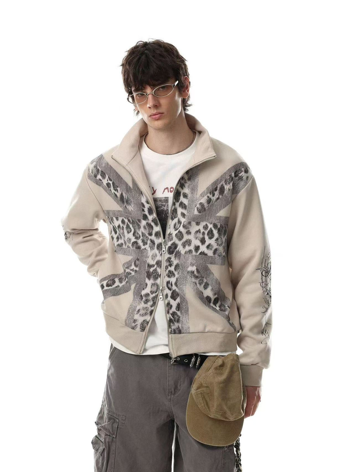 Cross Leopard Print Zip-Up Track Jacket