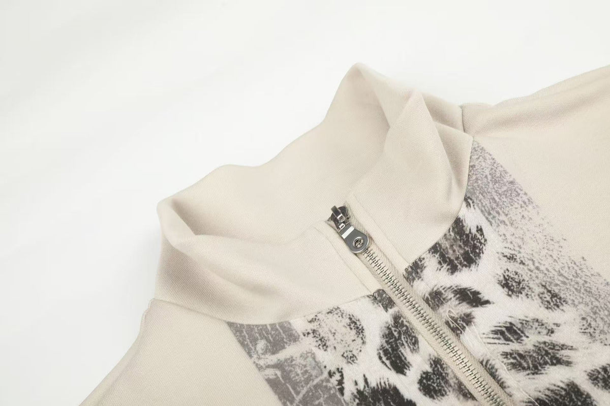 Cross Leopard Print Zip-Up Track Jacket