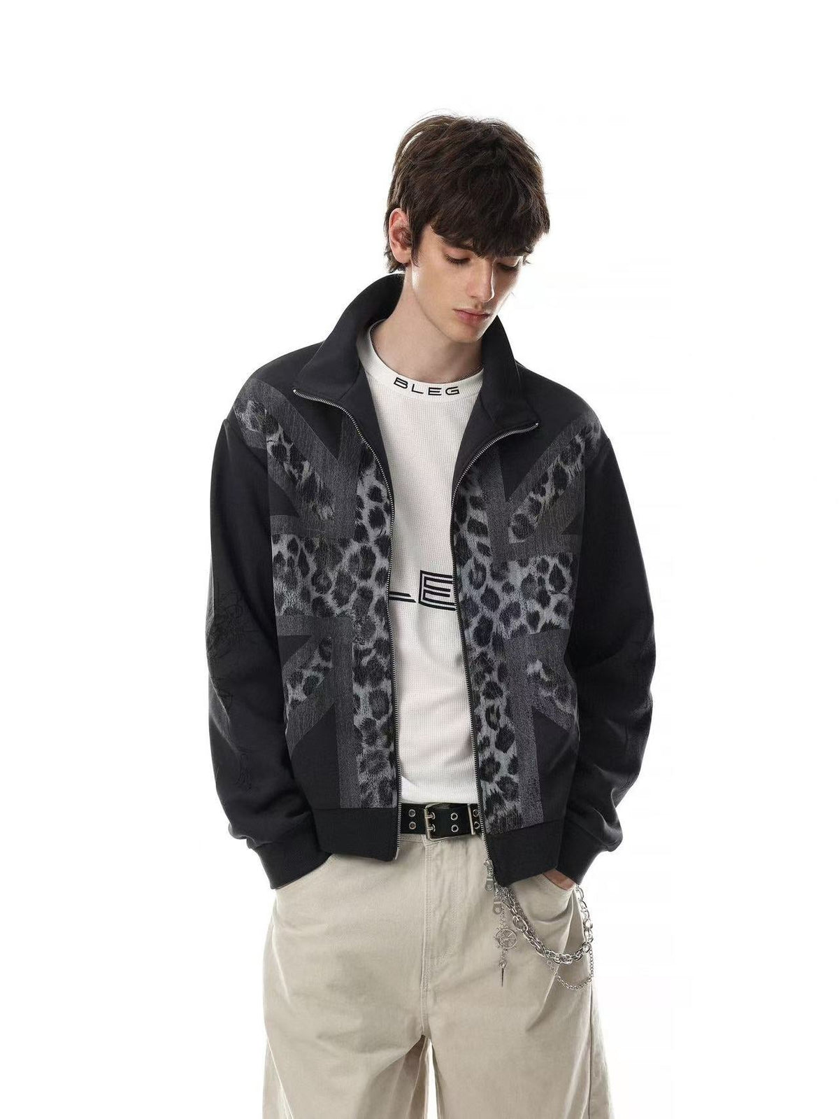 Cross Leopard Print Zip-Up Track Jacket