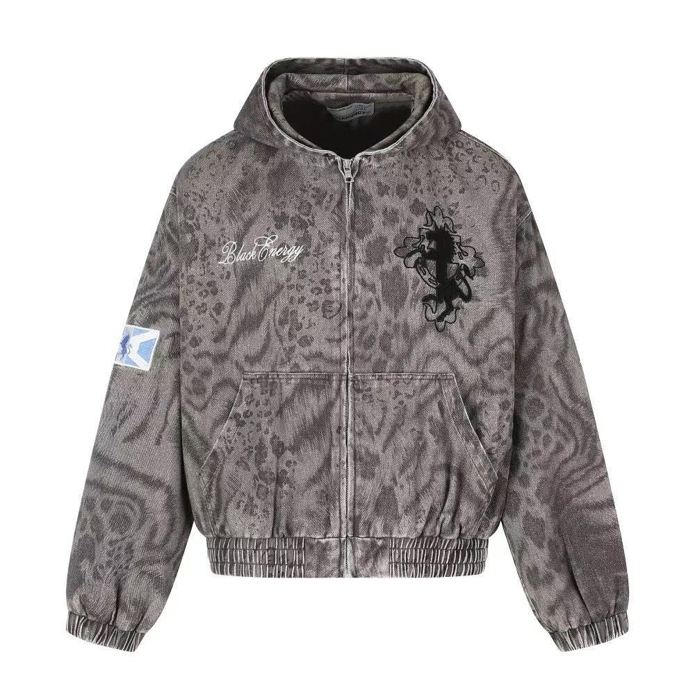 Washed Leopard Print Zip Up Hooded Jacket