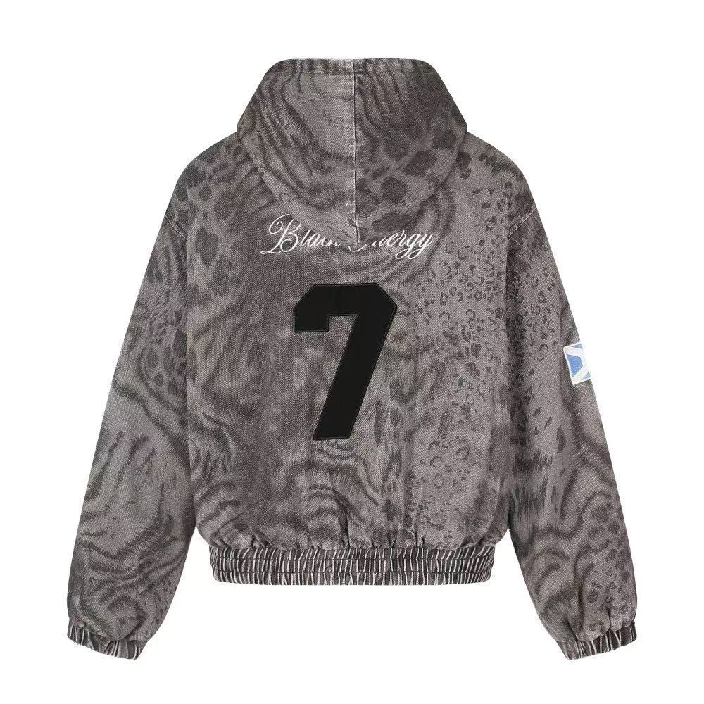 Washed Leopard Print Zip Up Hooded Jacket