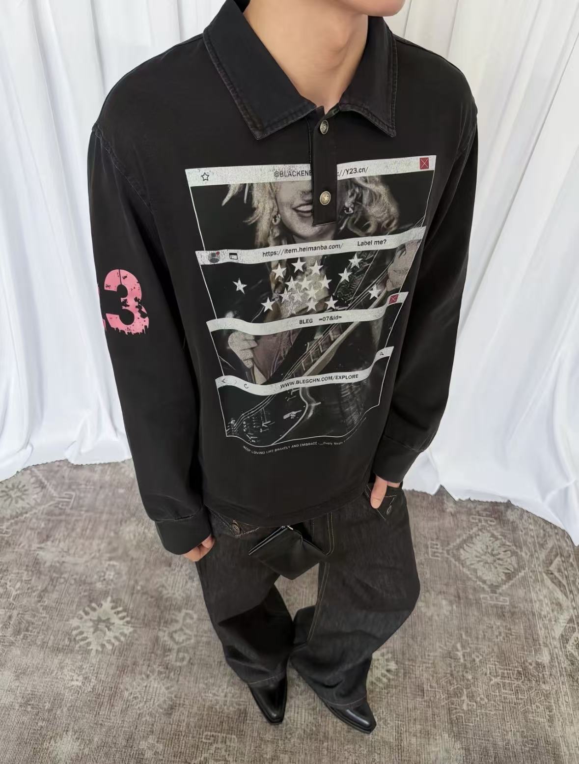 Wash Vintage Rock Graphic Long Sleeve Polo Shirt