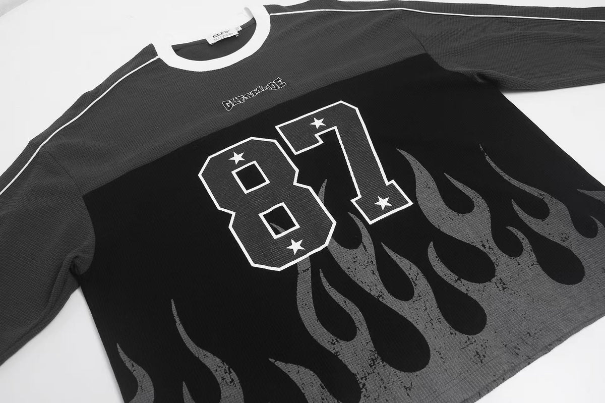 Vintage Flame 87 Number Graphic Waffle Knit Long Sleeve