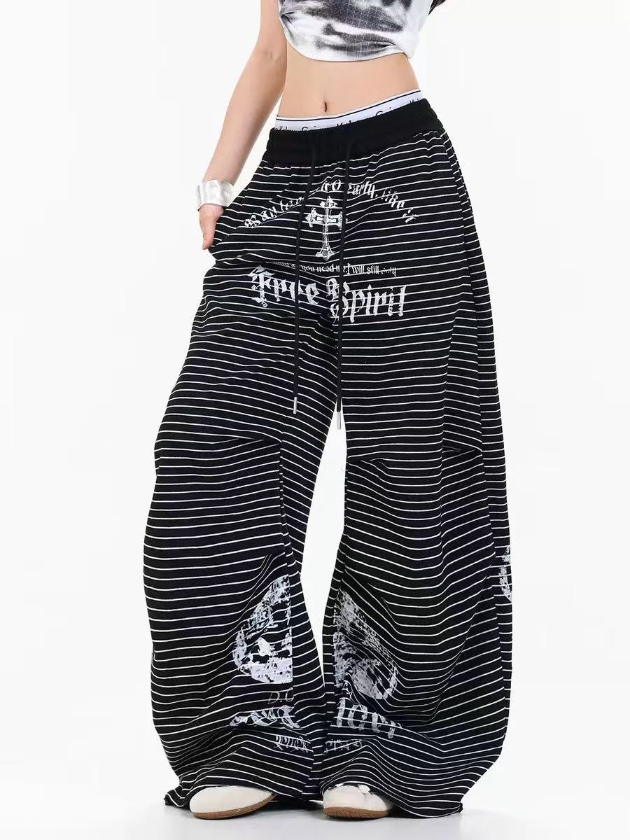 Striped Gothic Script Print Wide-Leg Sweatpants