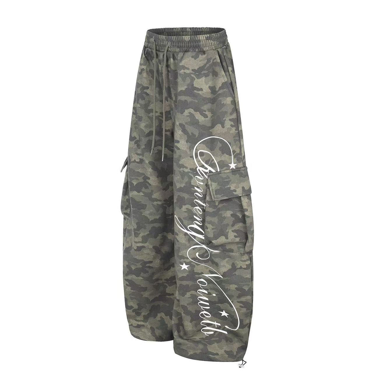 Camo Cursive Script Print Wide-Leg Sweatpants