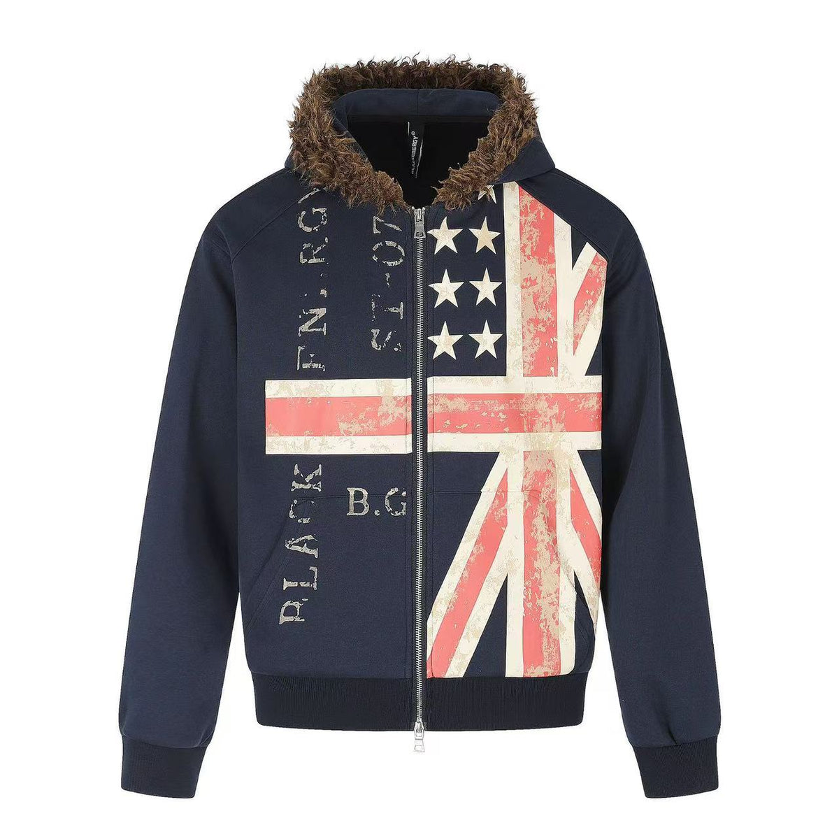 Vintage Union Flag Faux Fur Zip Up Hooded