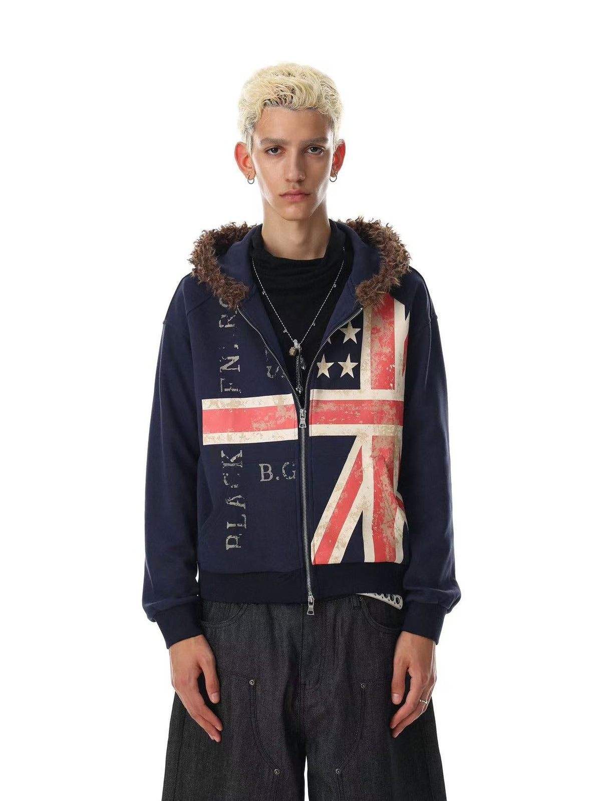 Vintage Union Flag Faux Fur Zip Up Hooded