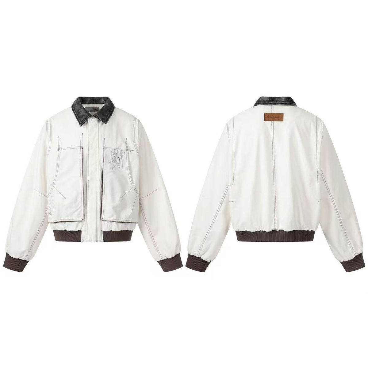 Contrast Leather Collar Stitched Line Workwear Bomber Jacket
