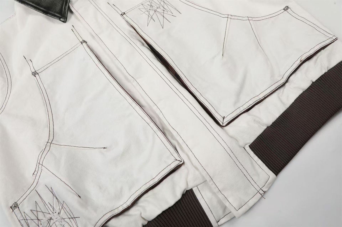 Contrast Leather Collar Stitched Line Workwear Bomber Jacket