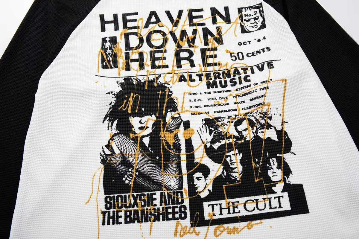 Raglan Band Poster Waffle Knit Long Sleeve